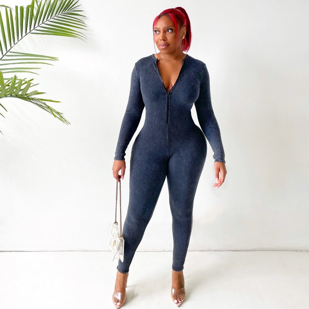 Assembly Line Ribbed Jumpsuit in Gunmetal